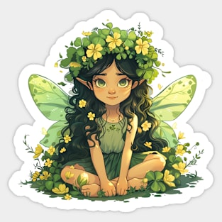 Cute Saint Patrick's Day Fairy sitting in four leaf clovers shamrocks and flowers happy St. Patricks Day Sticker